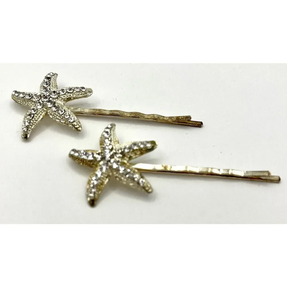 Starfish Rhinestone Hair Pins Silver and Gold Tone Pair of 2